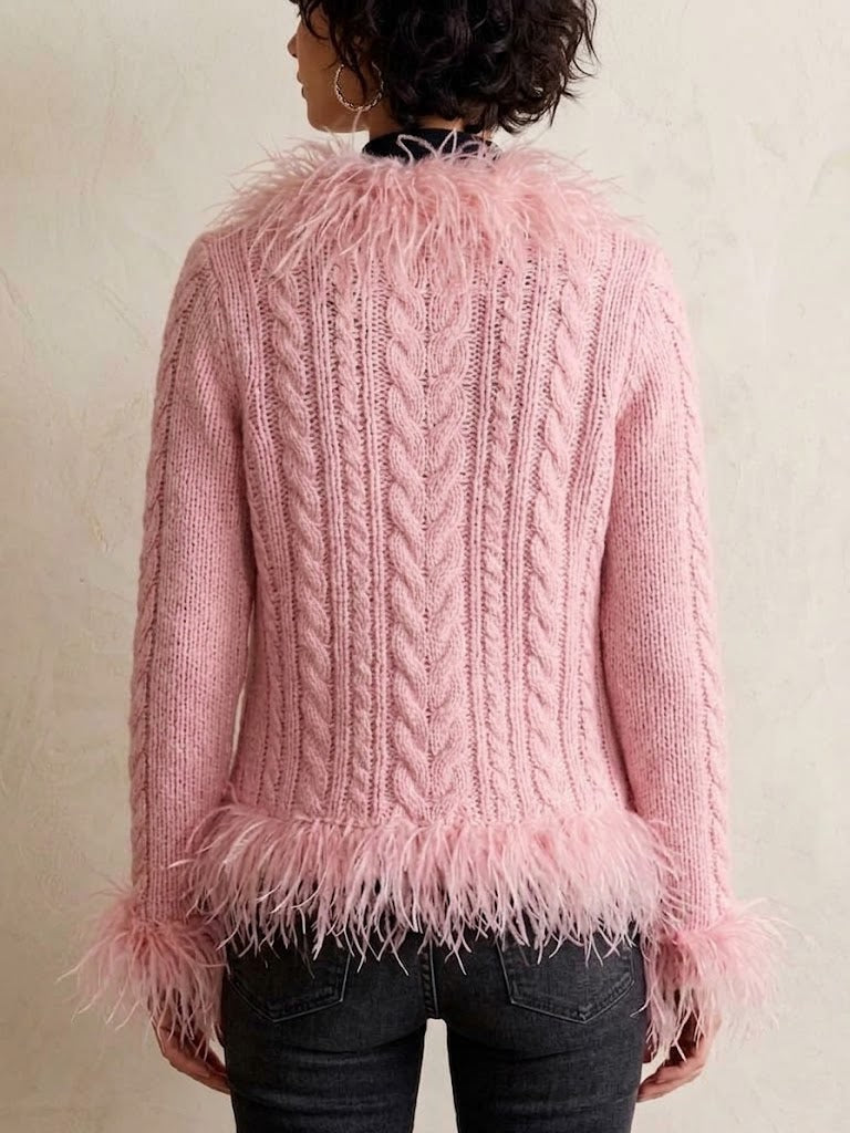 Cable-knit Cardigan With Feather-trim Details