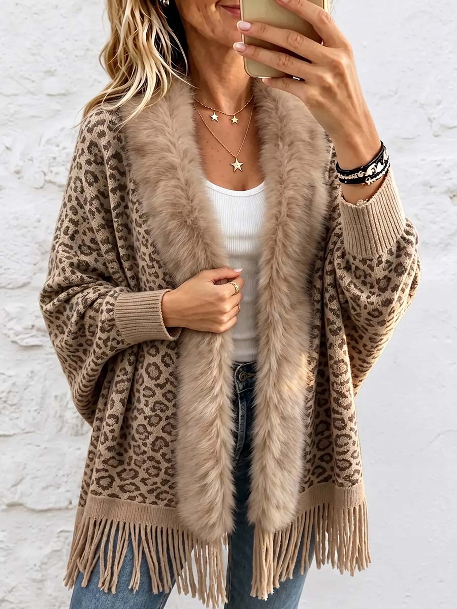 Women's Faux Mink Fur Knit Cardigan – Long-sleeve, Loose-fit, Leopard Print With Tassels