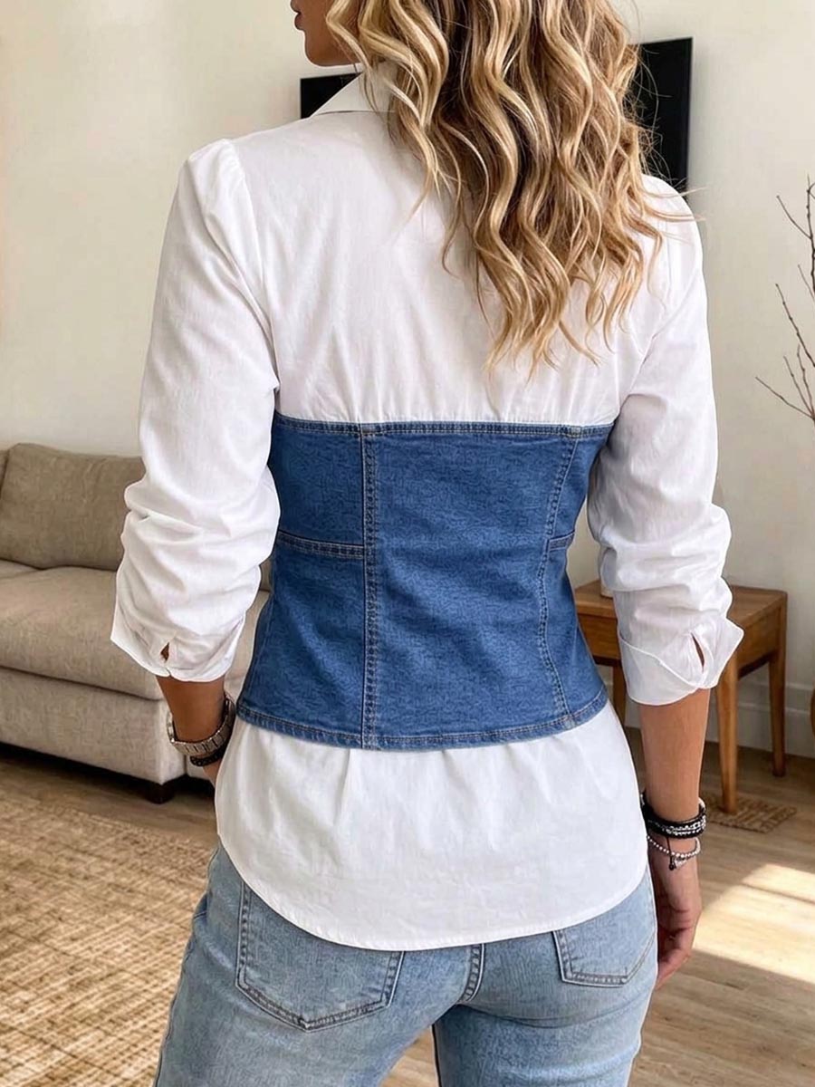 Virina Ŝika Denim Miksĉifona Envolvita Talio Blanka Buton-malsupren Ĉemizo