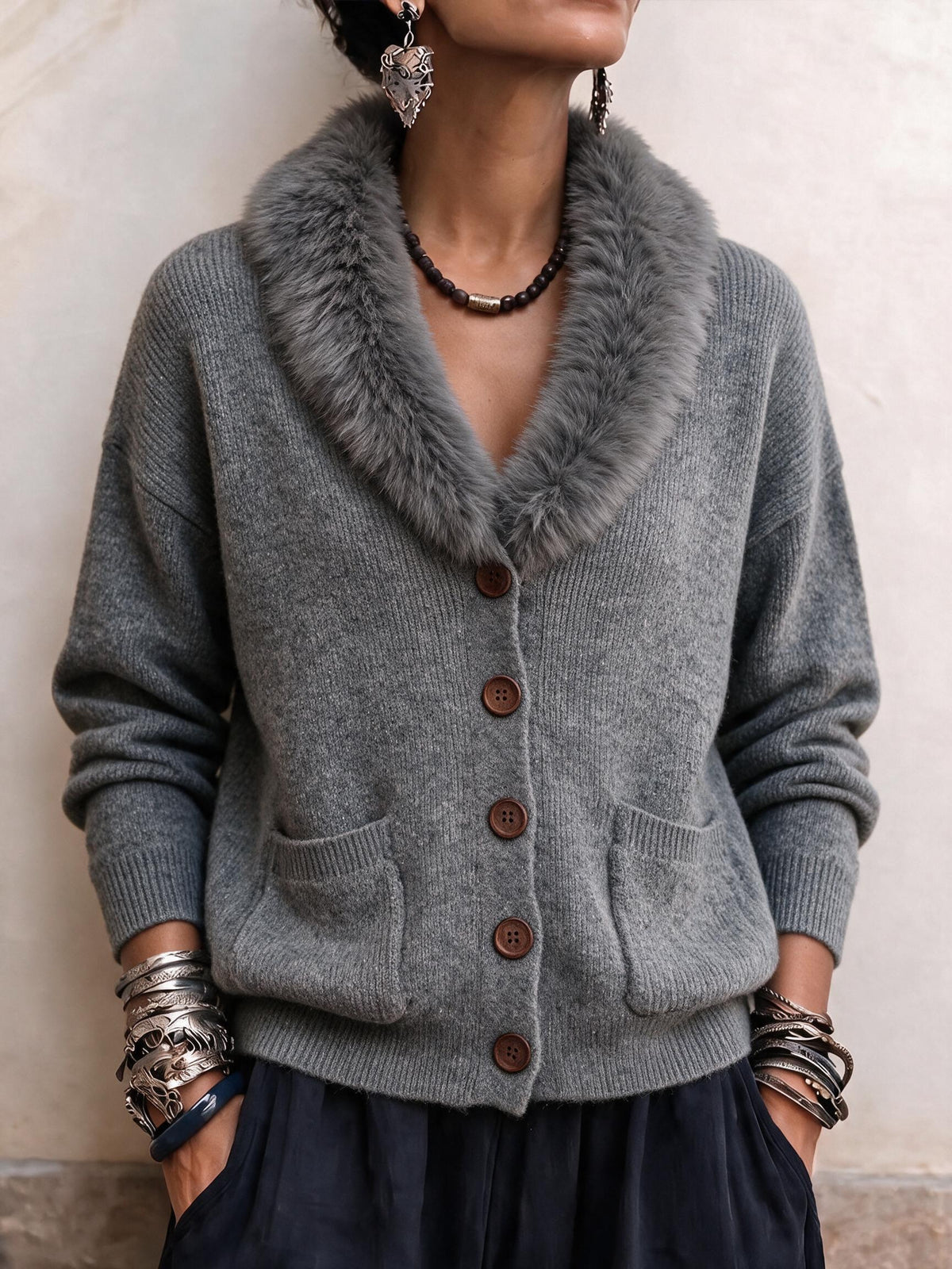 Vintage Faux Fur Collar Grey Knit Cardigan with Pockets