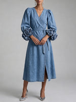 Stylish Denim Midi Wrap Skirt With 3d Rose Cuff Detail