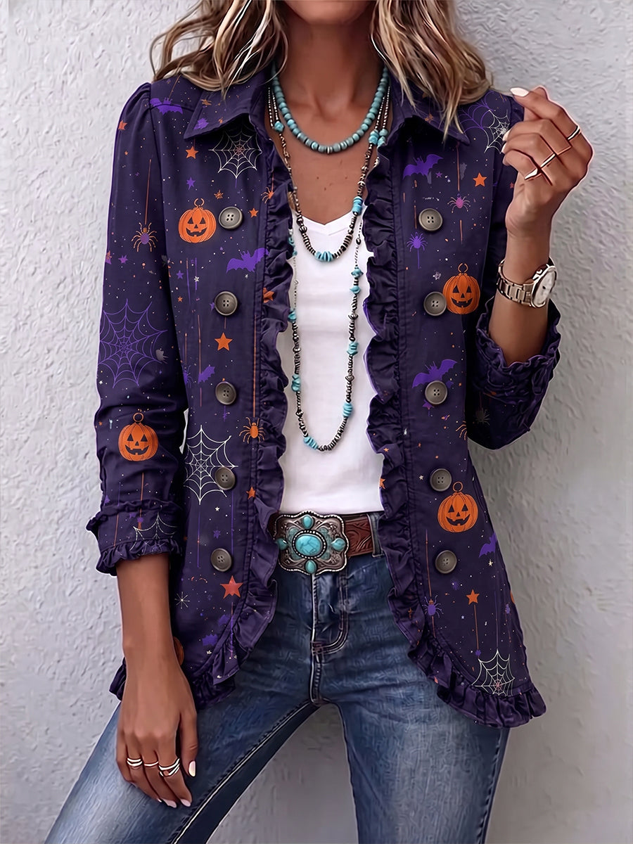 Festive Halloween Print Ruffle-Trim Jacket