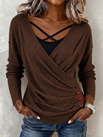 V-neck Wrap Front Side Button Ribbed Long Sleeve Top