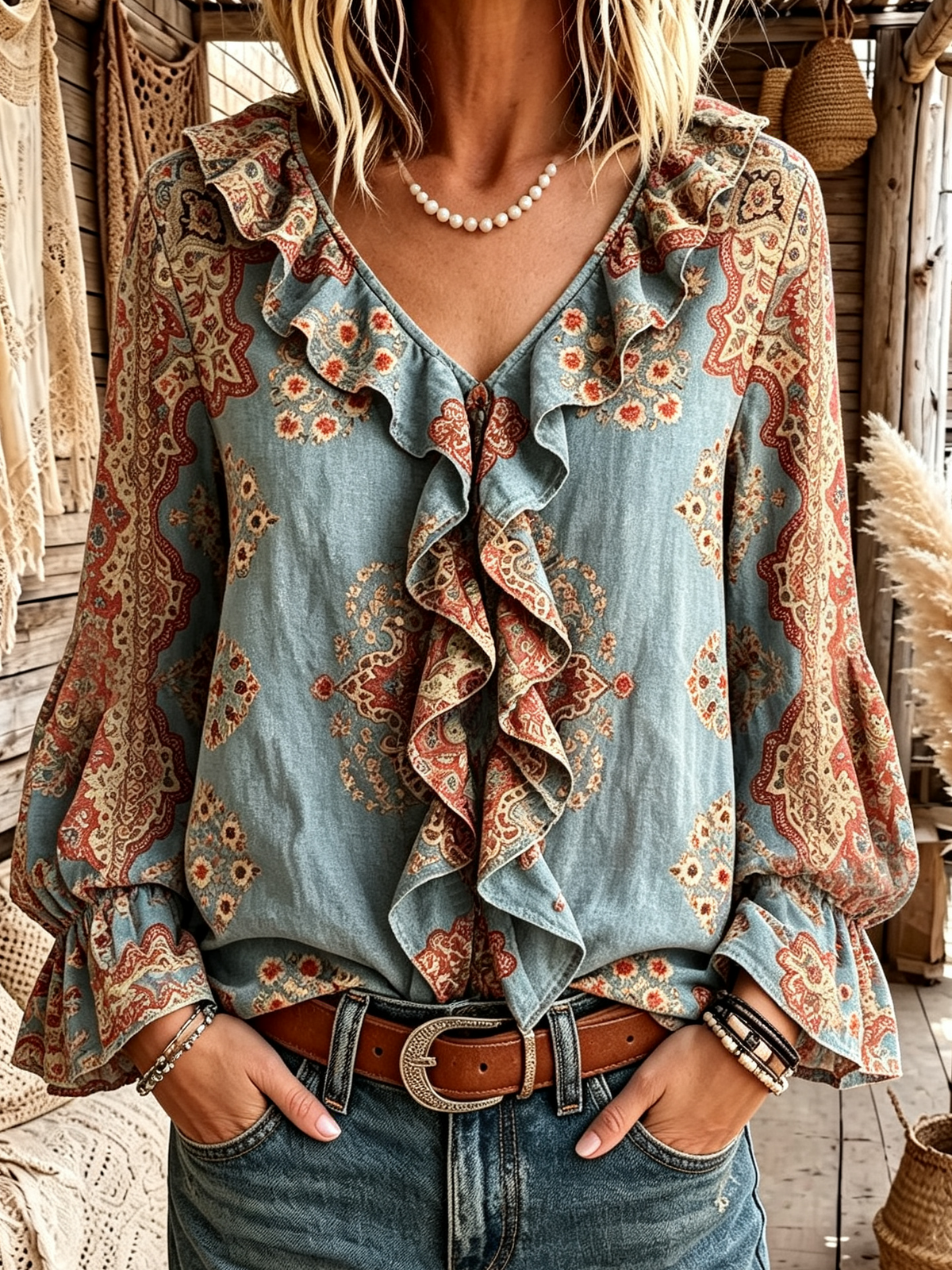 Chic Boho Floral Print Ruffle Blouse