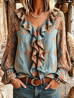 Chic Boho Floral Print Ruffle Blouse