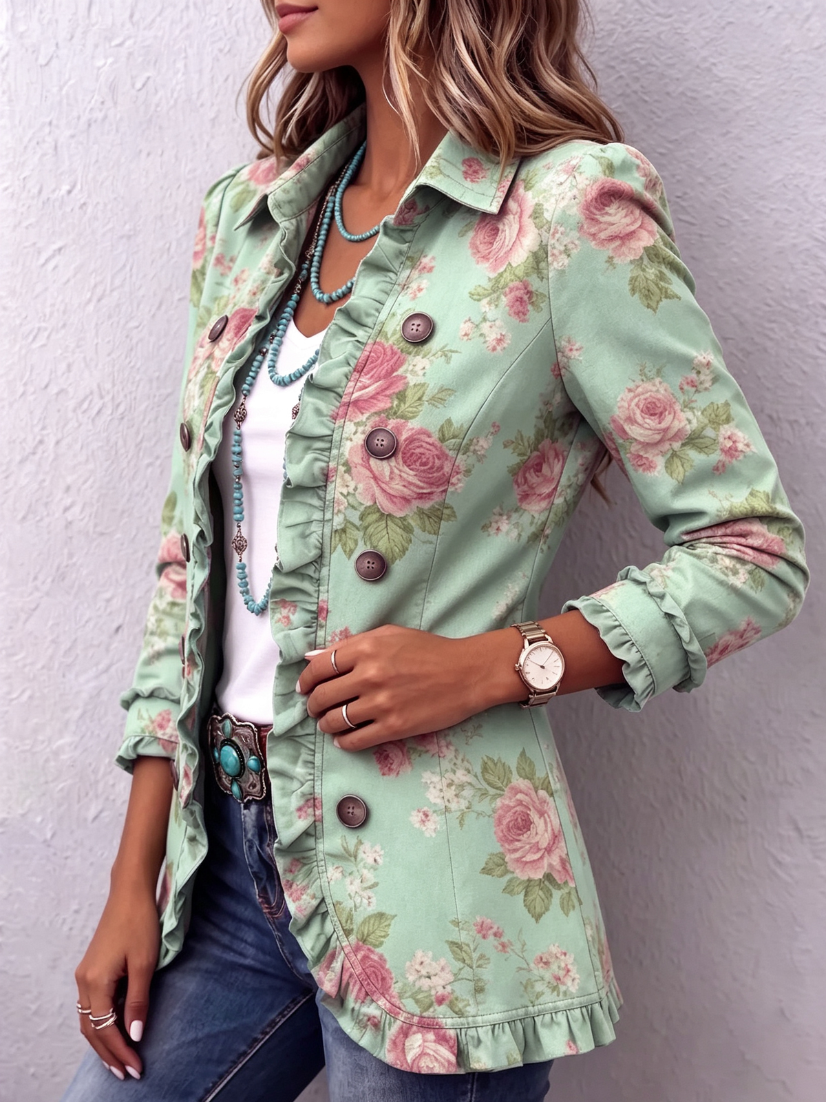 Chic Vintage Floral Print Ruffle Jacket