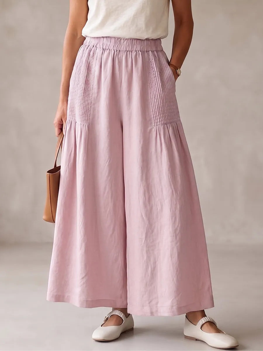 Damen-Hose im Vintage-Stil, plissiert, aus Baumwoll-Leinen, mit weitem Bein