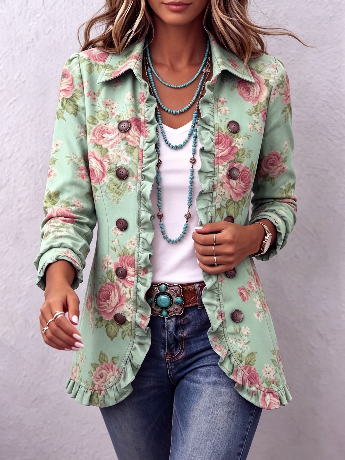 Chic Vintage Floral Print Ruffle Jacket