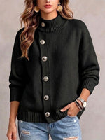 Loose-fit Knit Sweater With A Mock Neck And Diagonal Metal Button Detail