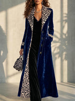Damen-Retro-Samt-Langmantel mit Leopardenmuster, Farbblock-Revers und Inneneinsätzen, einreihiger Langarm-Trenchcoat