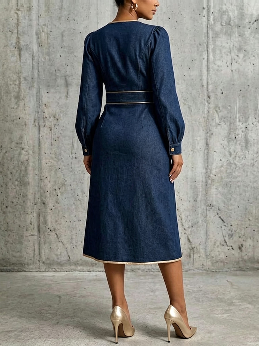Chic And Refined Wrap-style Denim Dress With Gold Piping