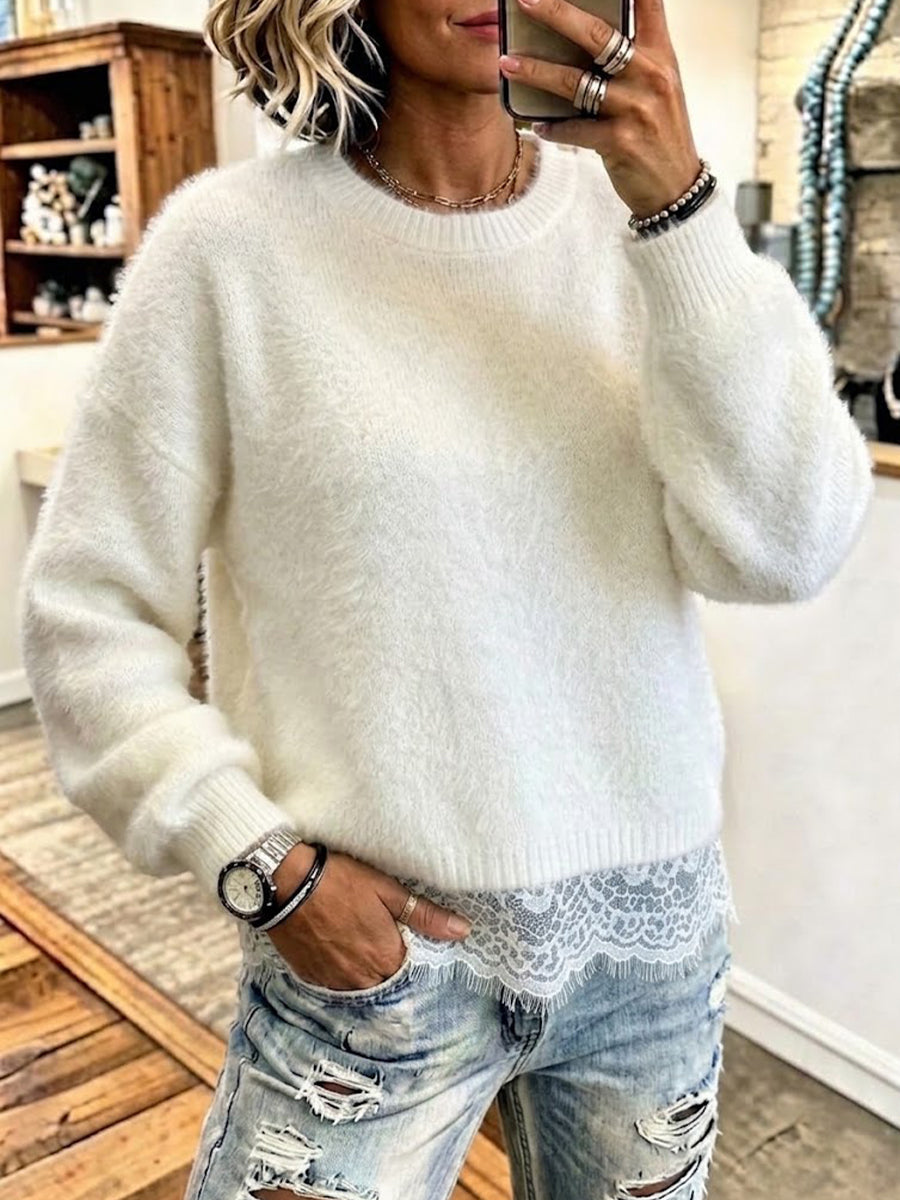 Strickpullover mit Rundhalsausschnitt und Spitzensaum im „Faux-Layered“-Design