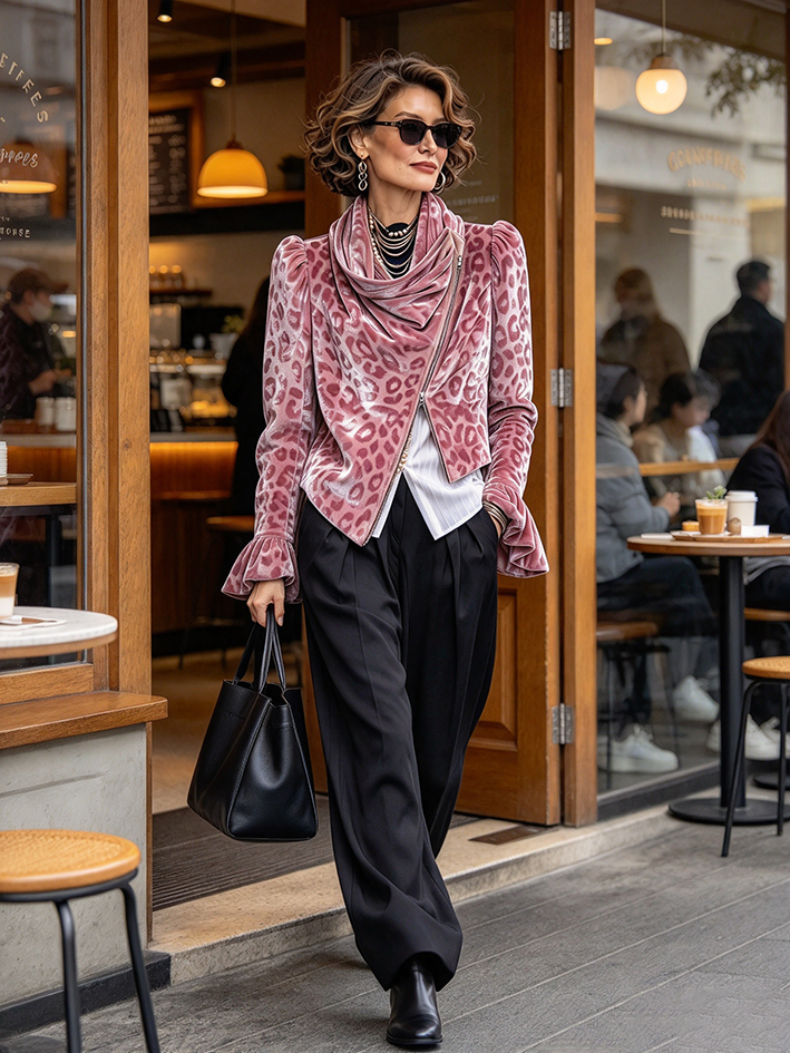 Chaqueta elegante con cremallera asimétrica de terciopelo de leopardo rosa