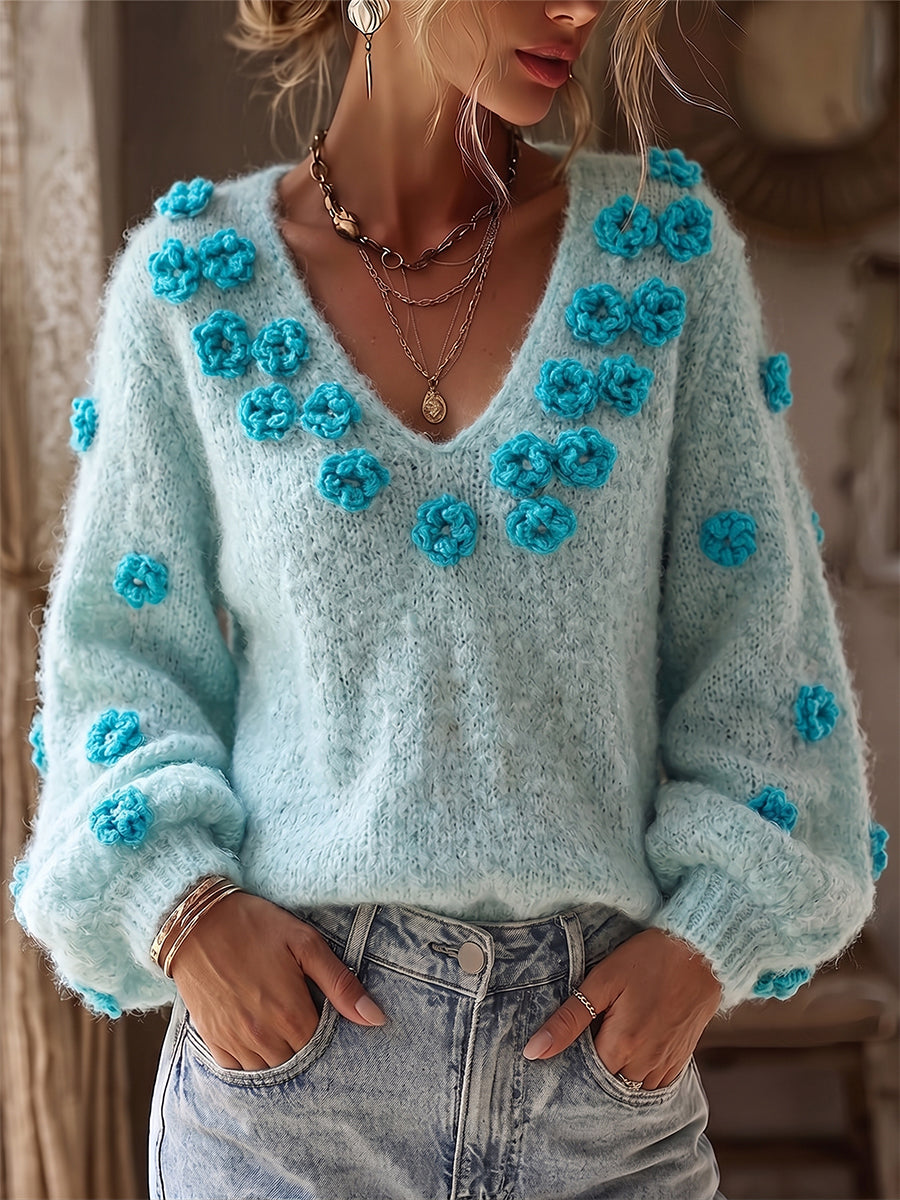 Chic Mint Green Floral Accented V-Neck Sweater