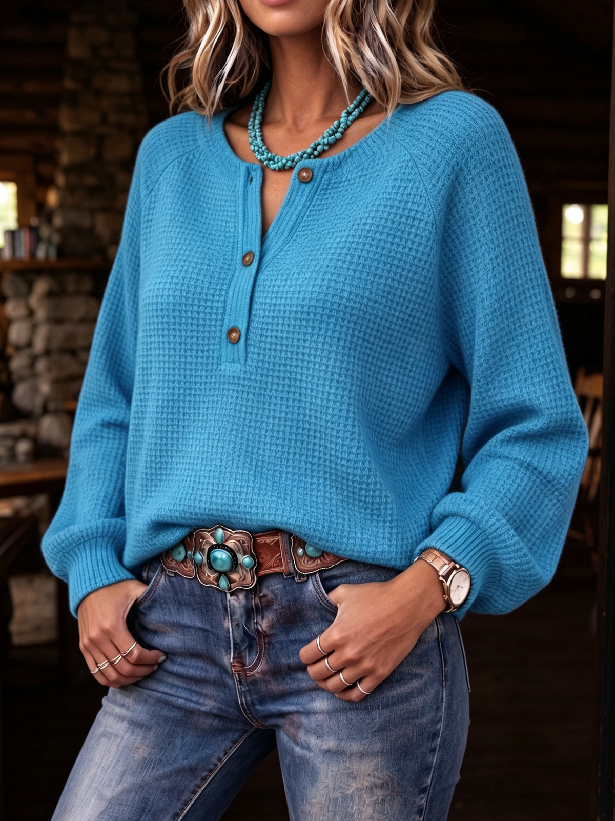 Cozy Waffle Knit Henley Top