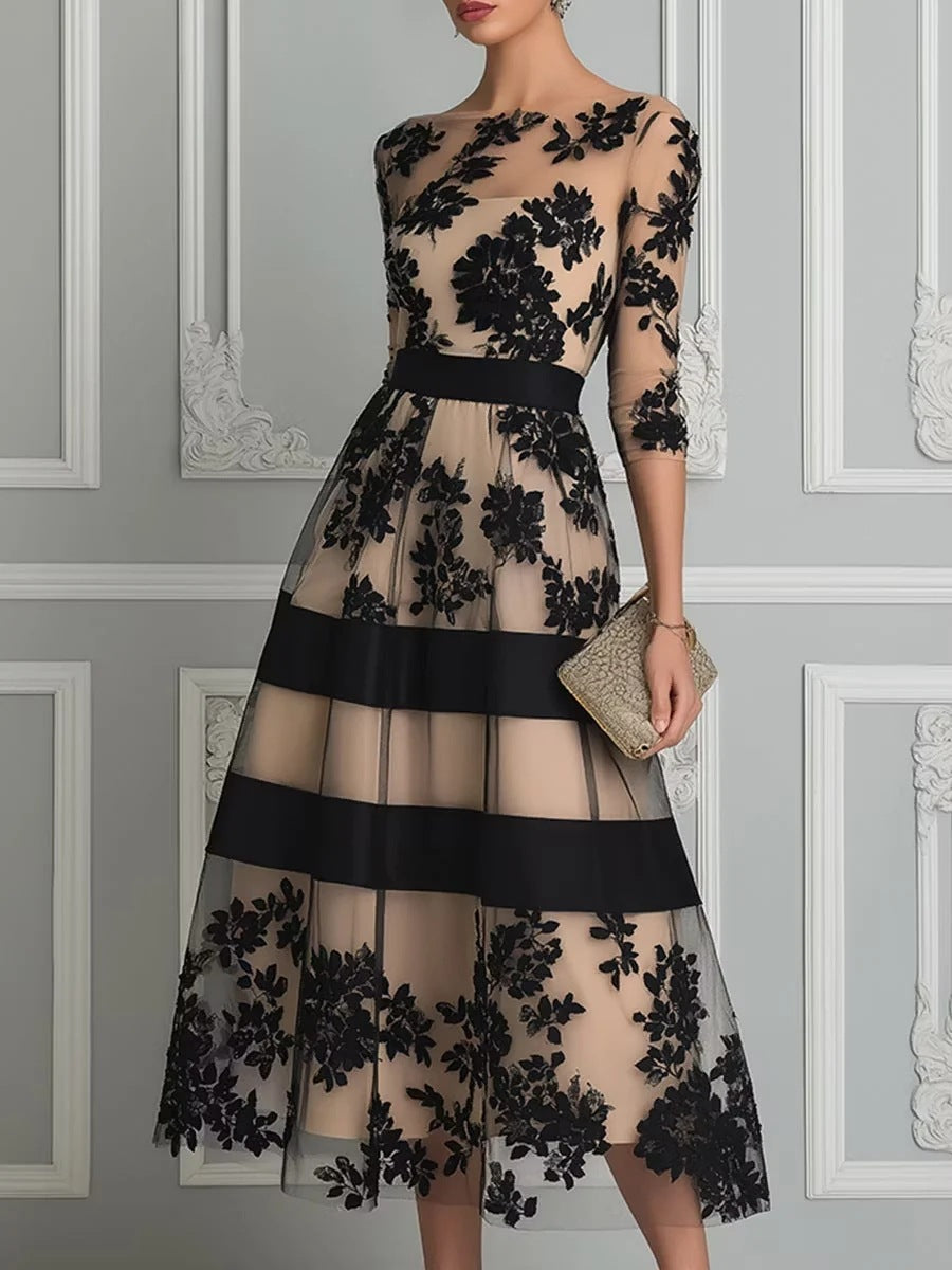 Vestido de noche midi de malla y encaje floral elegante y exquisito