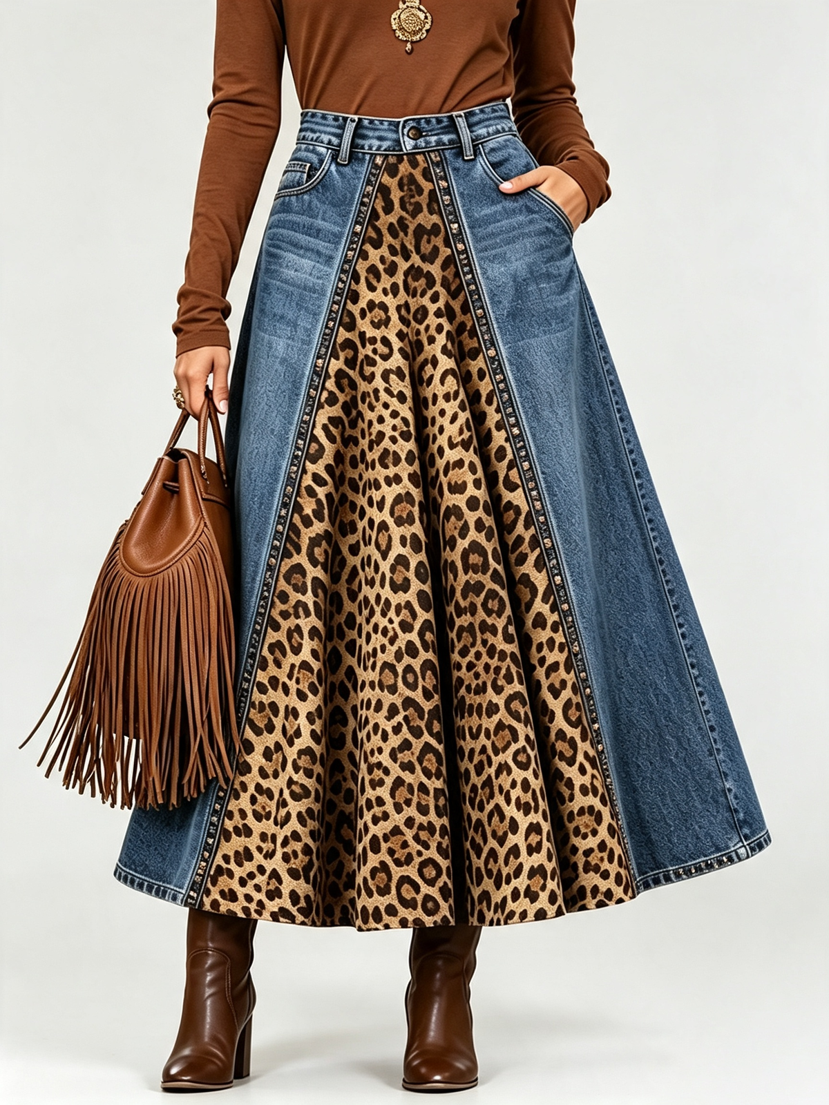 Bold Mixed-media Denim Leopard Print Skirt