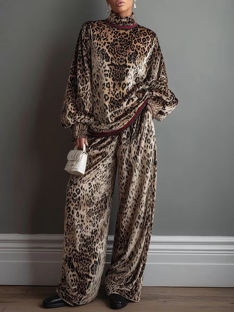 Loose And Comfortable Leopard-print Velvet Two-piece Set (top And Wide-leg Pants)