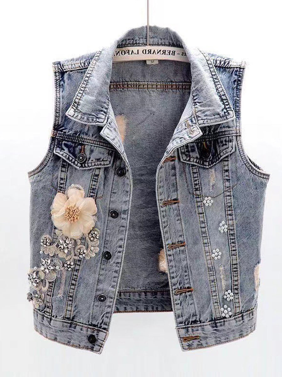 Romantic 3D Floral Embellished Denim Vest
