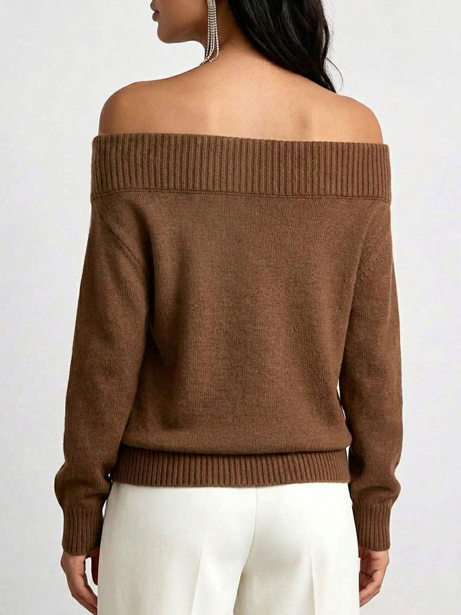 Women's Solid Color Off-shoulder Long-sleeved Casual Loose Beaded And Rhinestone Knit Top