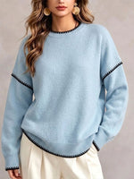 Contrast Stitching Crew Neck Drop‑shoulder Oversized Knit Sweater