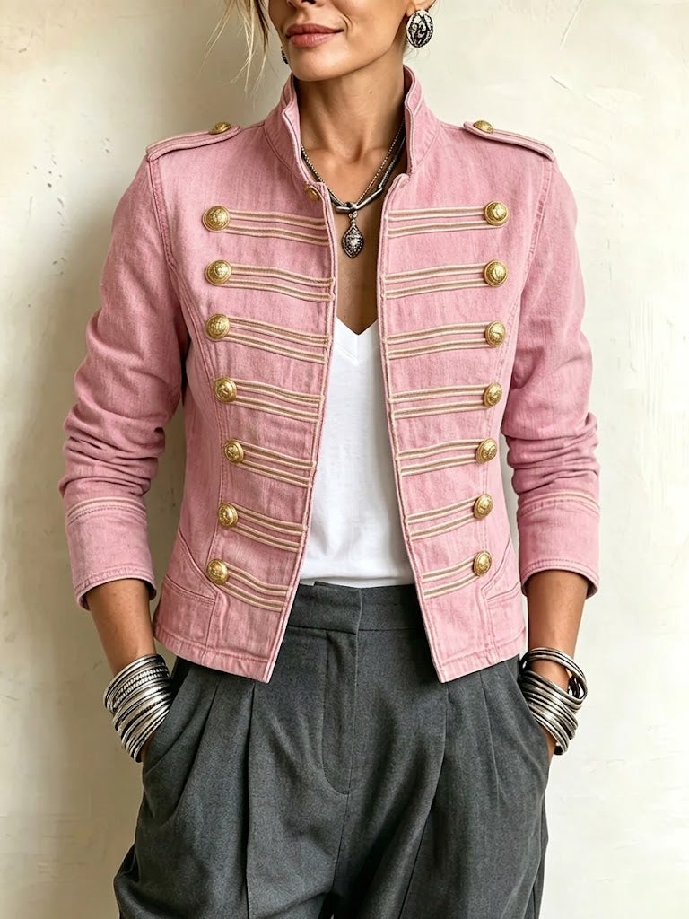 Giacca casual in denim rosa in stile militare
