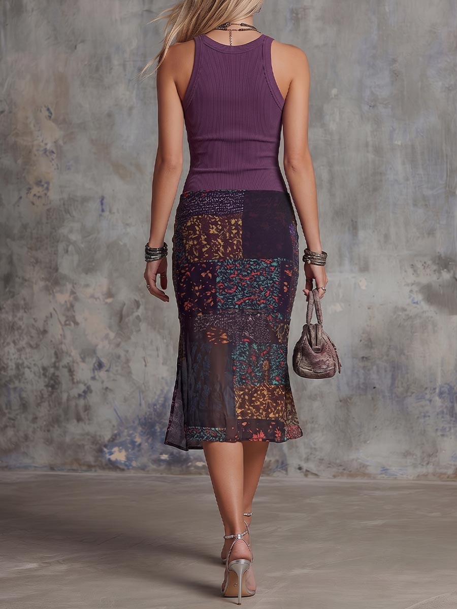 Women's Round Neck Sleeveless Camisole Dress With Knitted Patchwork Retro Print