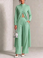 Vertical-striped Stand-collar Shirt And Wide-leg Trousers Two-piece Set