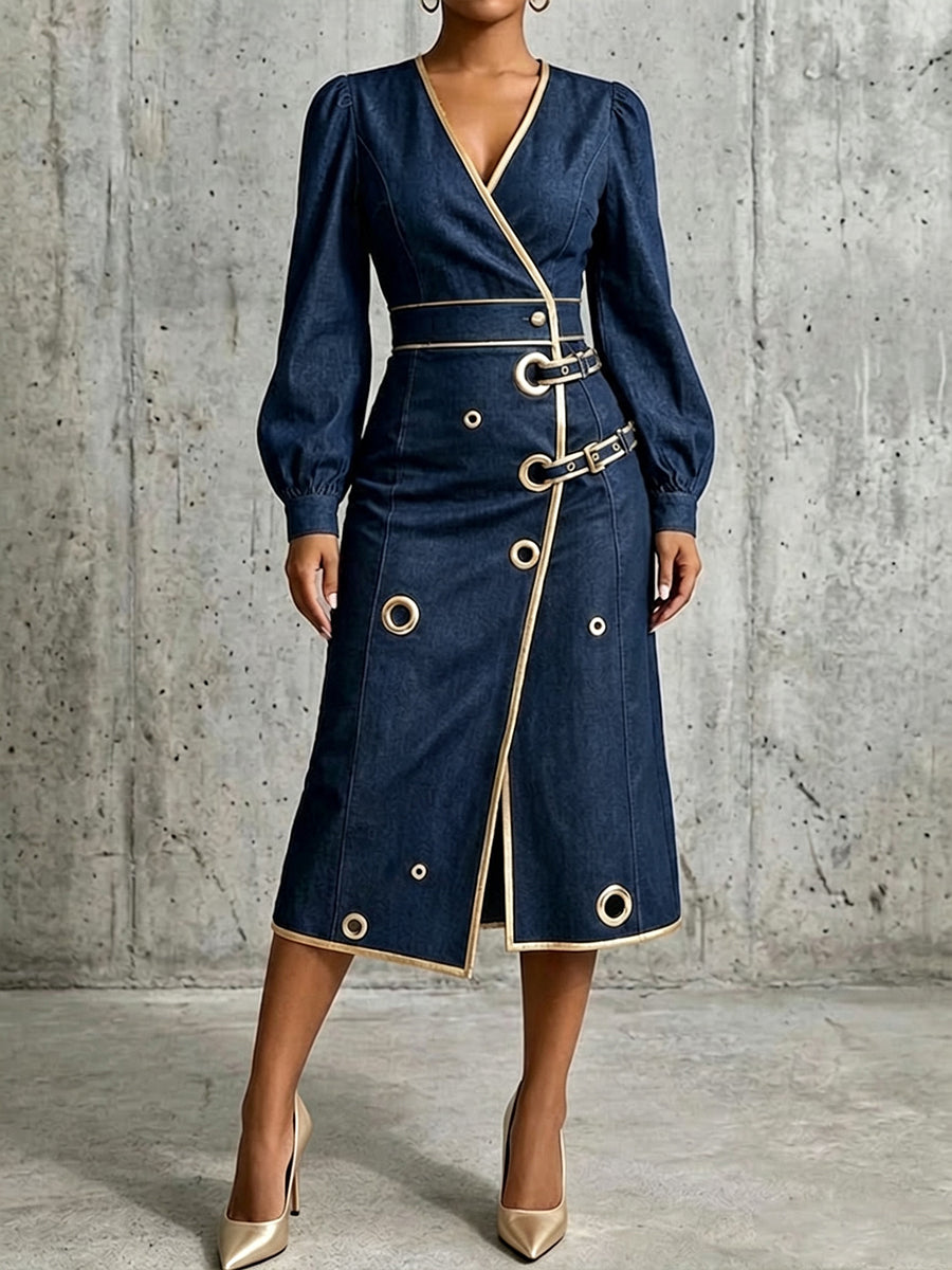 Chic And Refined Wrap-style Denim Dress With Gold Piping