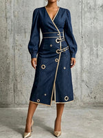 Chic And Refined Wrap-style Denim Dress With Gold Piping