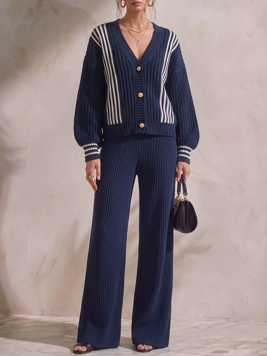Women's Casual Loose Knit Set: V-neck Long-sleeve Cardigan And High-waisted Wide-leg Pants