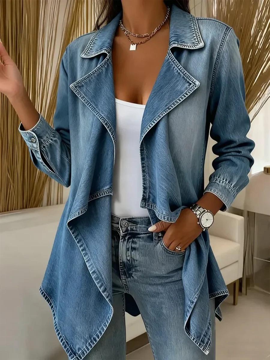 Women's Collared Long-sleeved Casual Loose Denim Cardigan