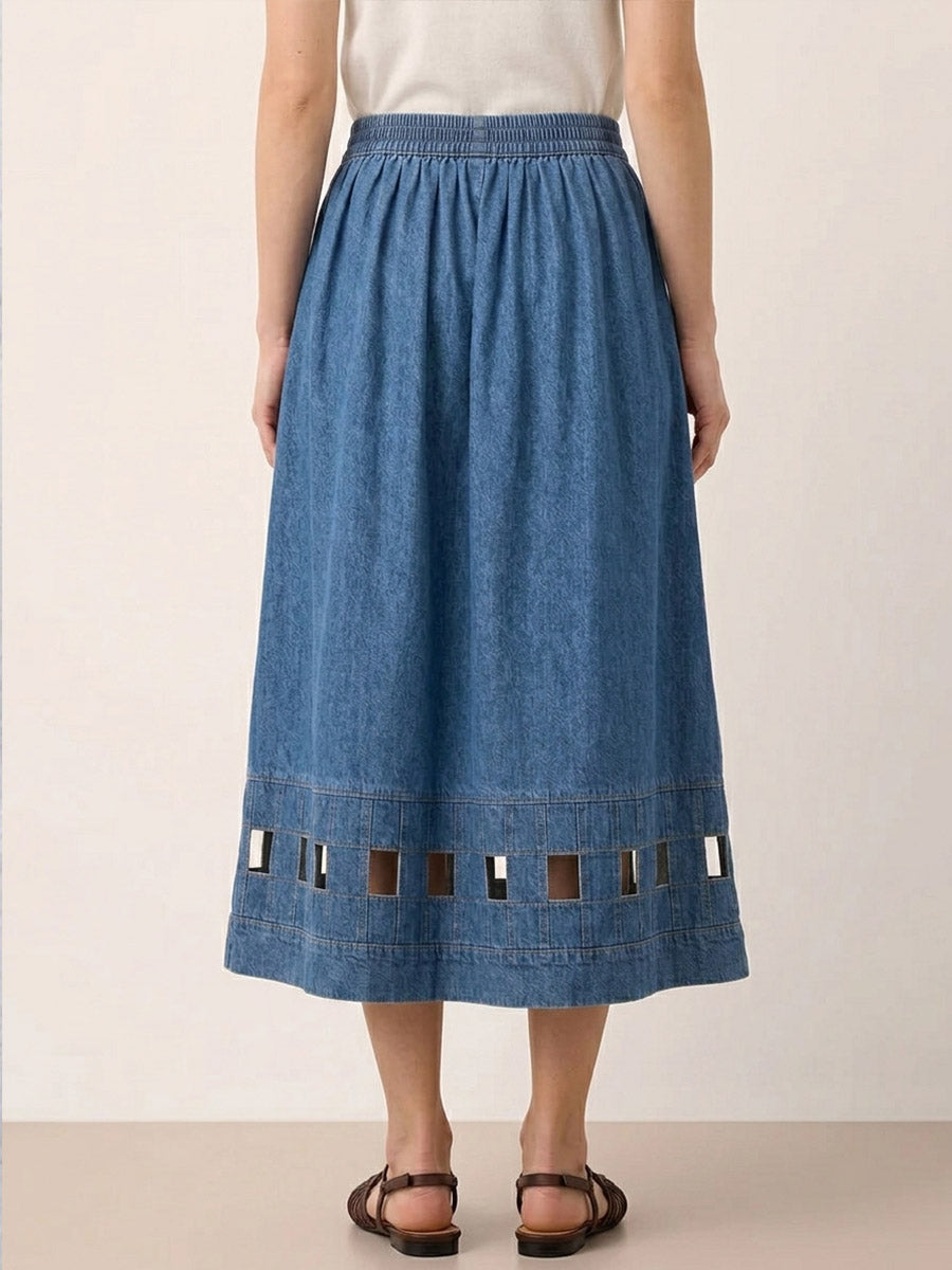 Women's High-waisted Geometric Hollow-out Casual Loose Denim Skirt