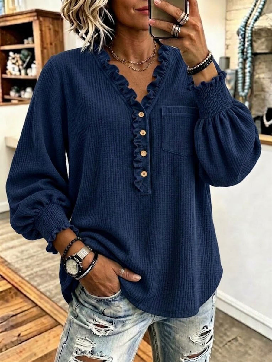 Top casual con scollo a V e bottoni arricciati sul davanti