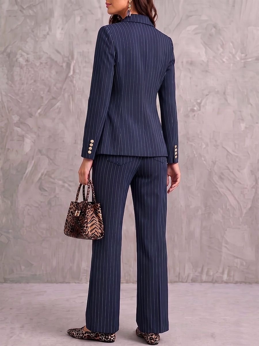 Women's Striped Print Lapel Long-sleeved Casual Suit With High Waist And Wide-leg Pants
