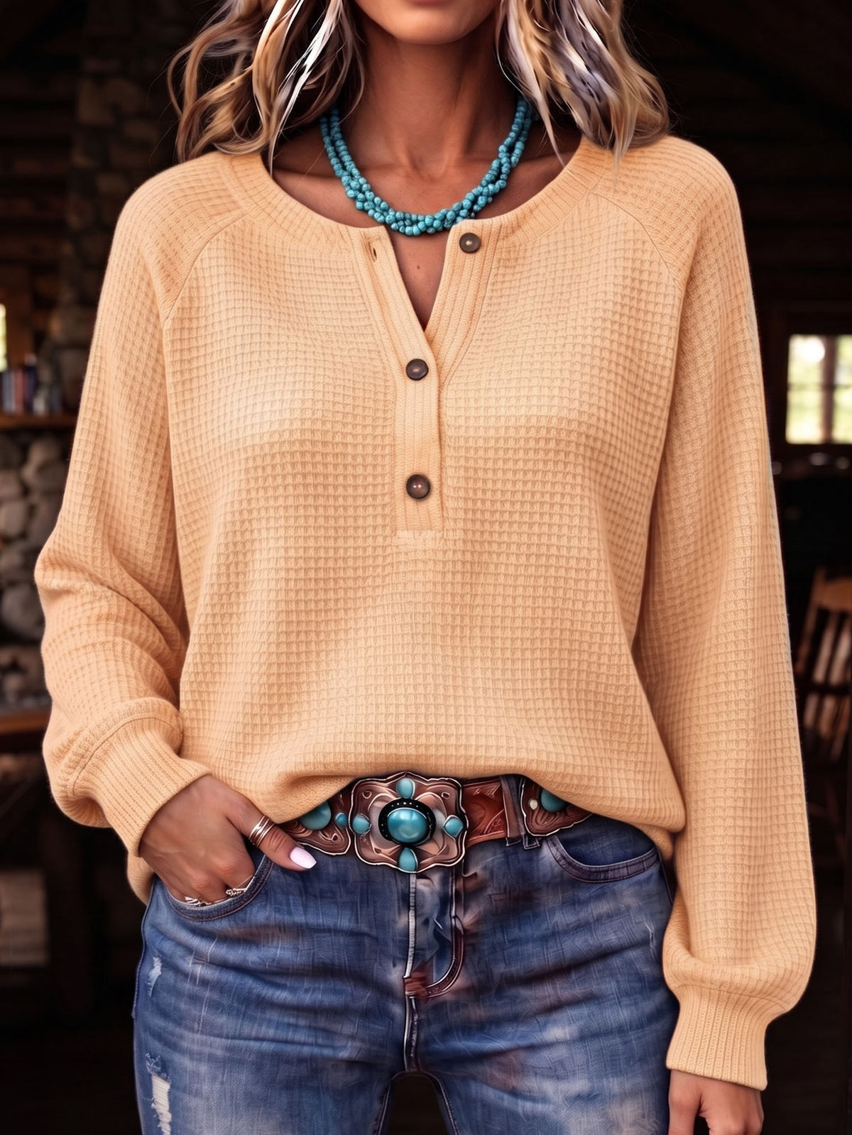 Cozy Waffle Knit Henley Top