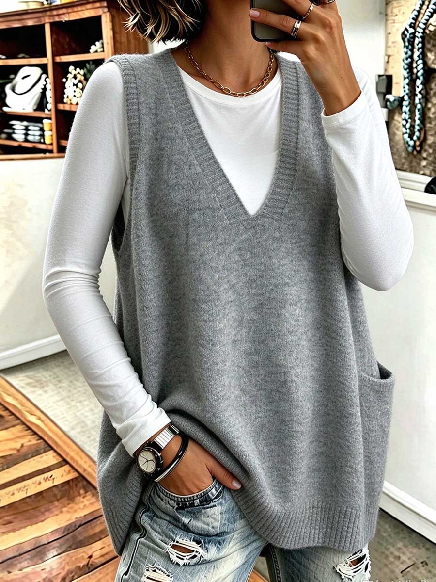 Women's Oversized V-neck Knit Sweater Vest With Pockets