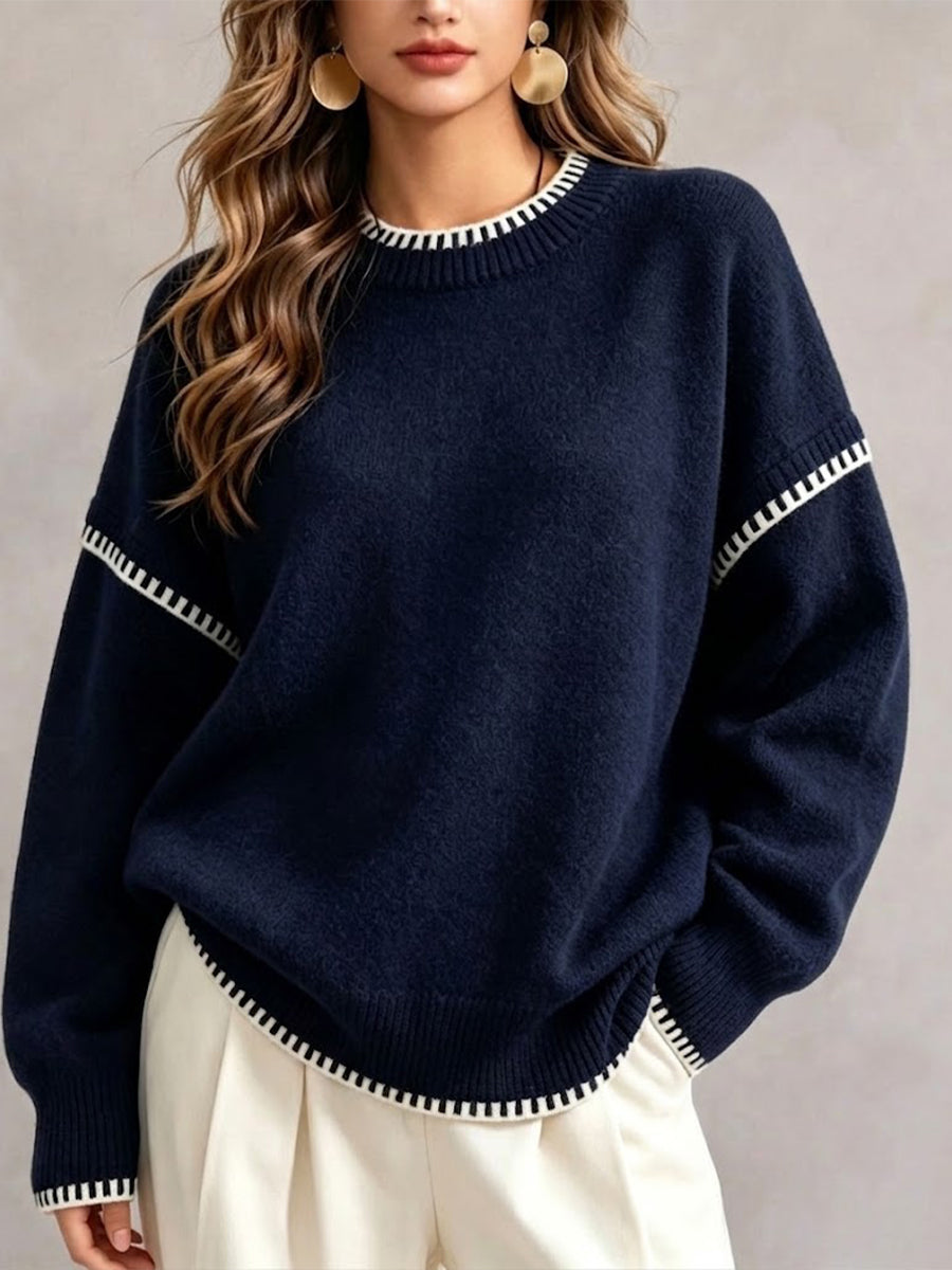 Contrast Stitching Crew Neck Drop‑shoulder Oversized Knit Sweater