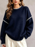 Contrast Stitching Crew Neck Drop‑shoulder Oversized Knit Sweater