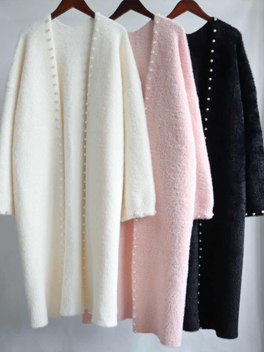 Lässiger, übergroßer, langer Plüschstrick-Cardigan mit Perlenverzierungen