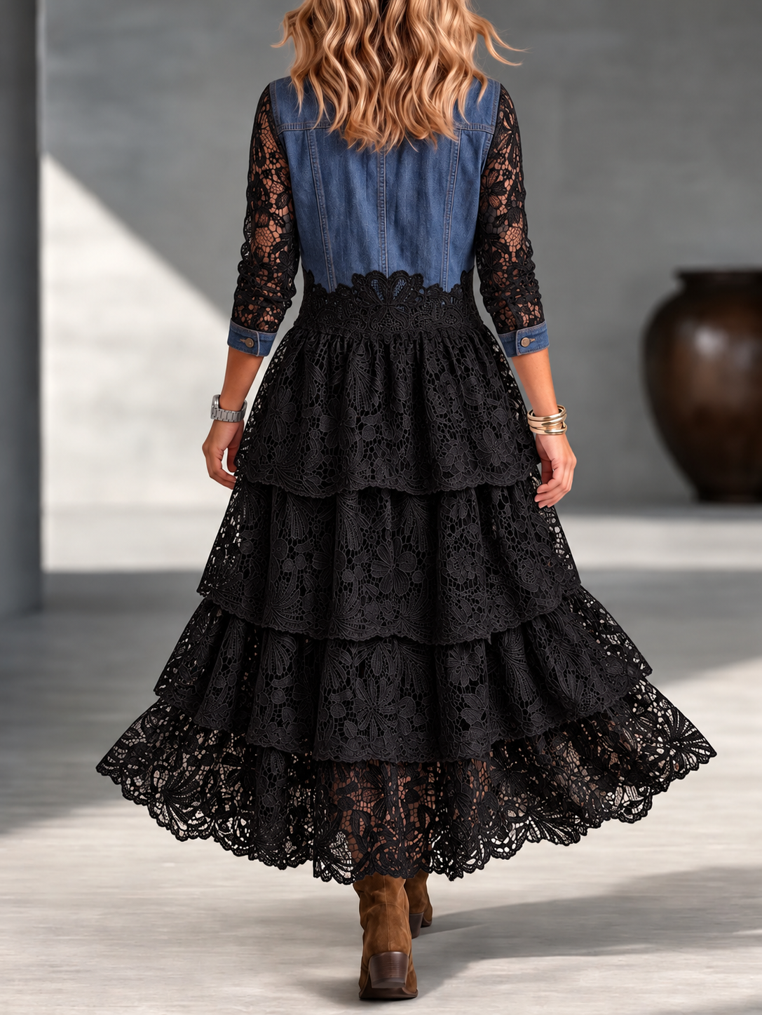 Women's Vintage Denim And Tiered Lace Maxi Dress - Button-down Western Boho Shirt Dress