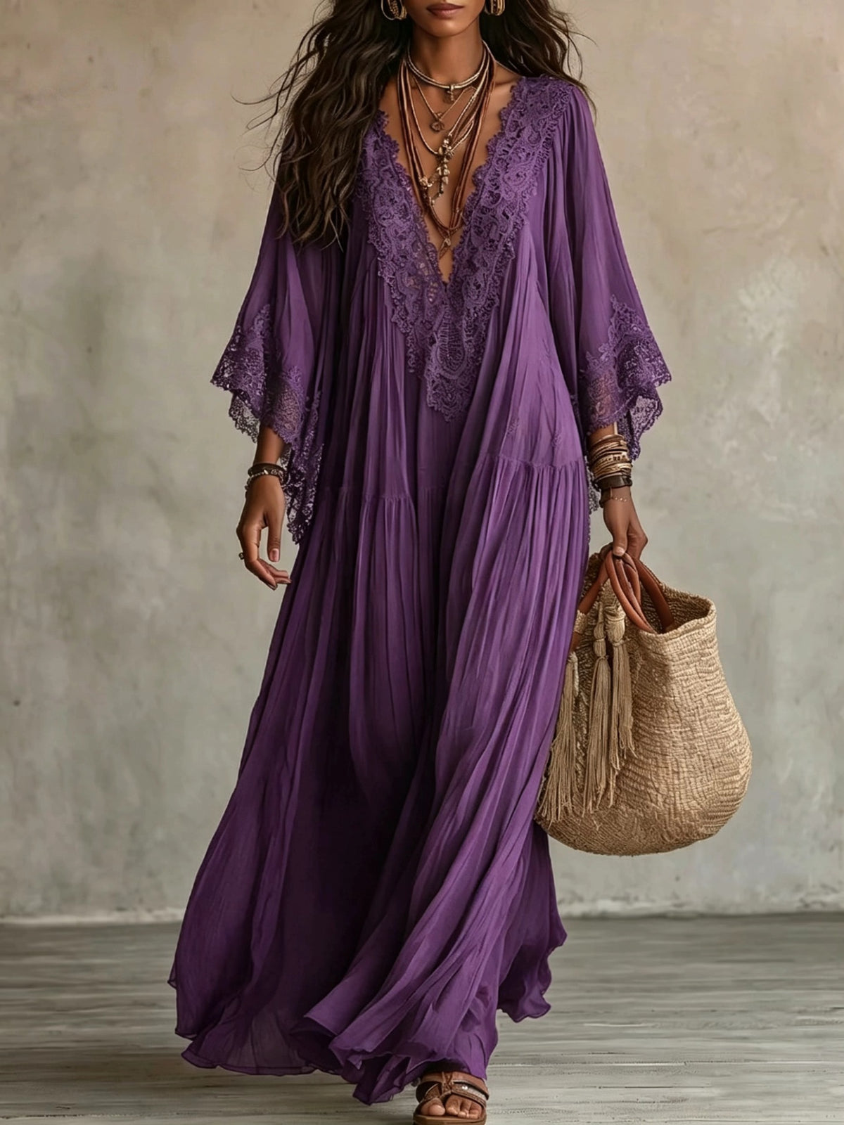 Maxi abito in pizzo patchwork e chiffon accogliente e romantico