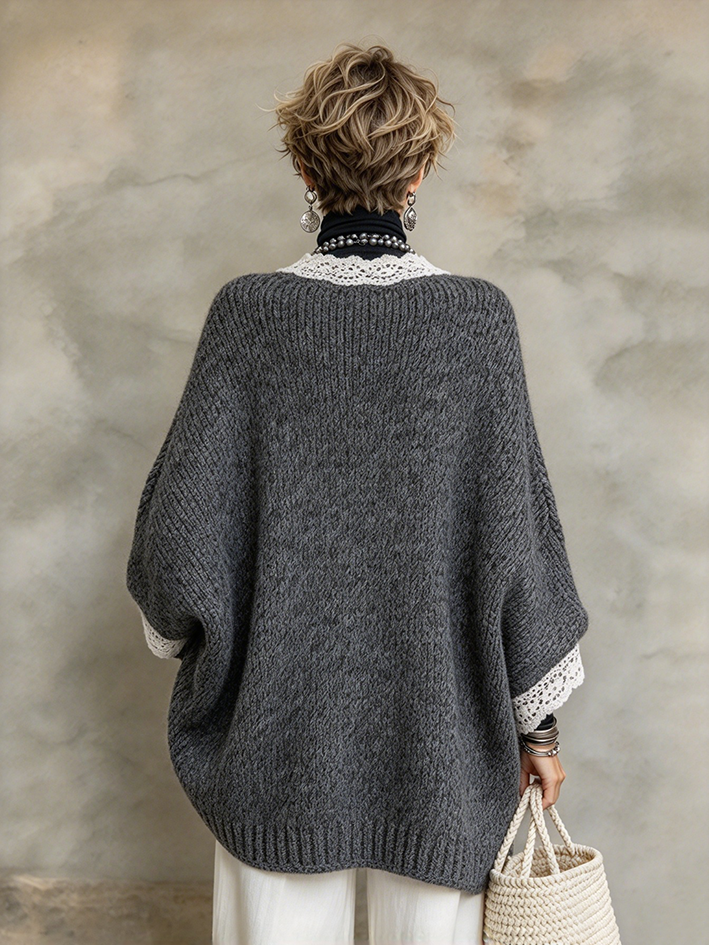 Komforta Malstreĉita Vintage Lace Tondita Trikita Svetero