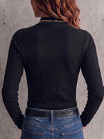 Mock Neck Diagonal Mesh Beaded Fitted Long‑sleeve Top