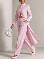 Vertical-striped Stand-collar Shirt And Wide-leg Trousers Two-piece Set