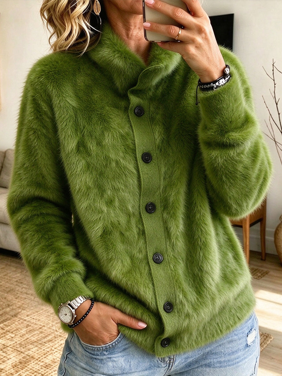Komforta Brila Verda Plush Trikita Cardigan Kun Staranta Kolumo