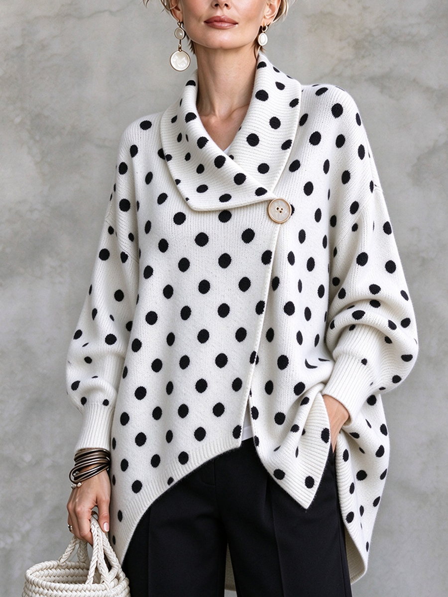 Maglione cardigan in maglia asimmetrica oversize a pois