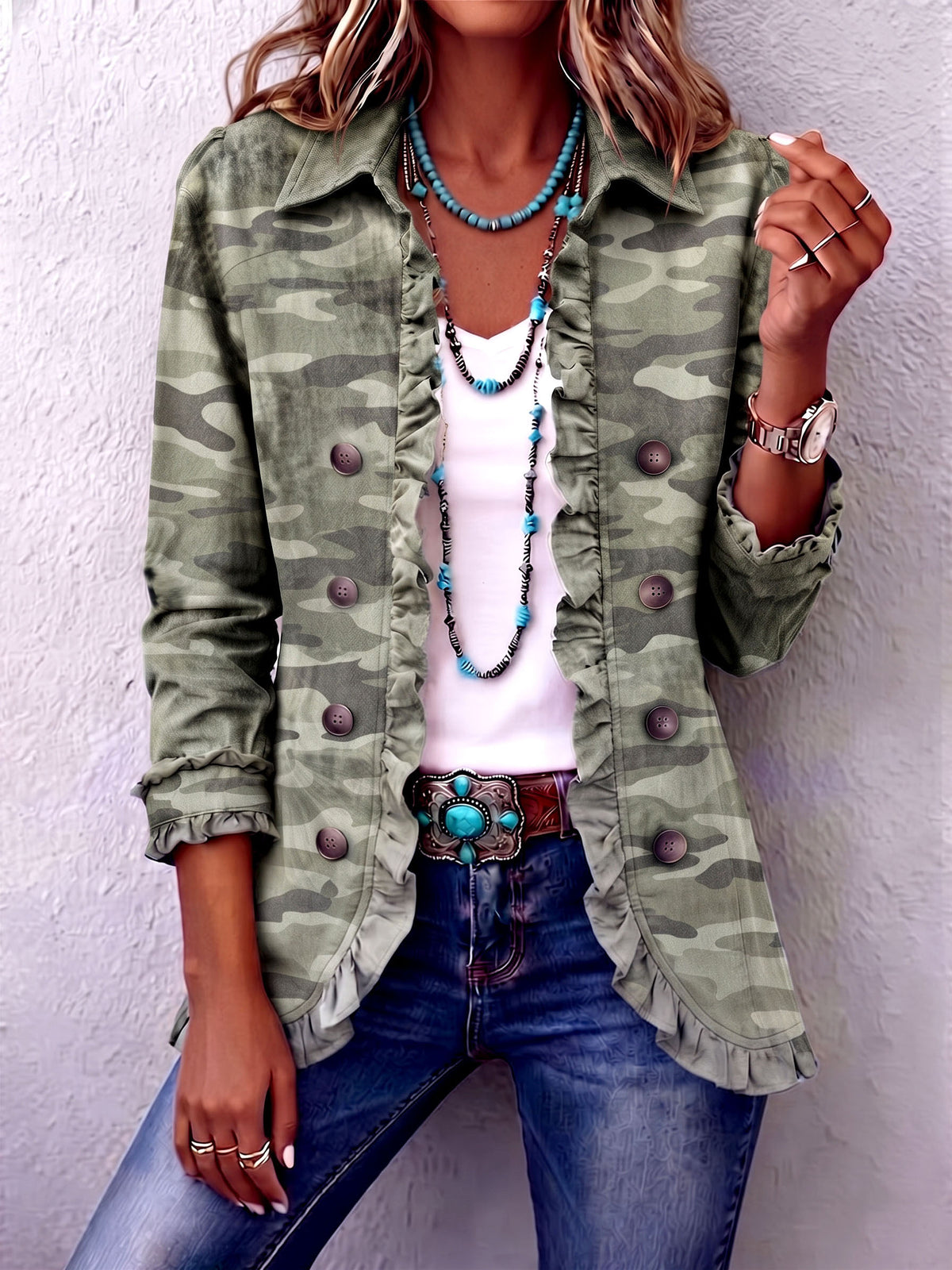 Casual Chic Camouflage Ruffle Trim Jacket