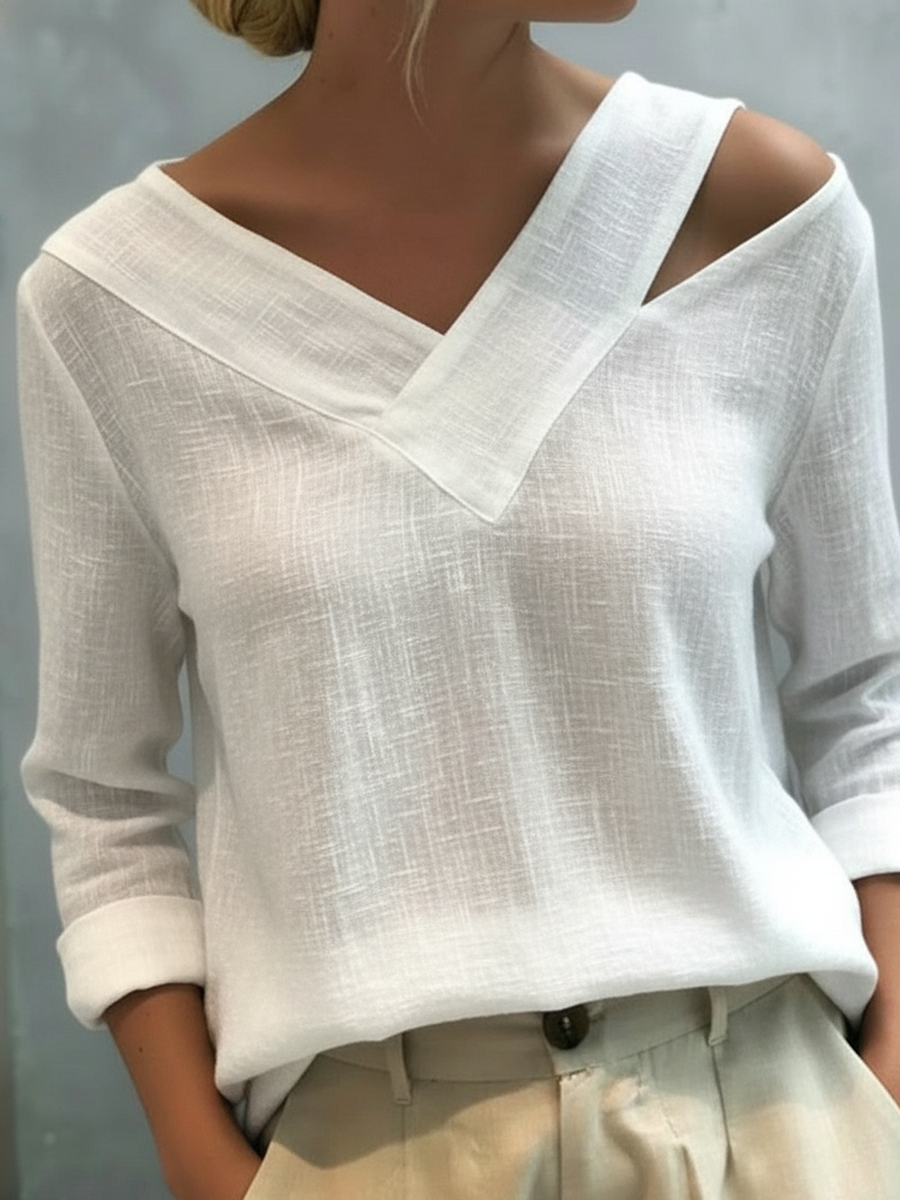 Elegant Off-the-shoulder V-neck Linen Shirt/top