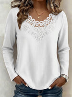 Solid-color Long-sleeve Top With Lace Splicing And Cut-out Details